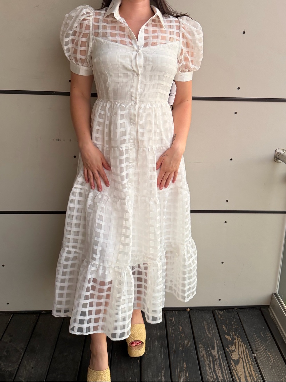 English Factory White Sheer Check Puff-Sleeve Maxi Dress large